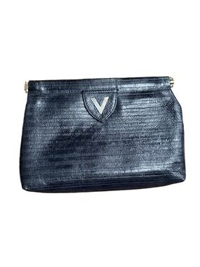 Valentino Black Embossed Leather Clutch with V Emblem